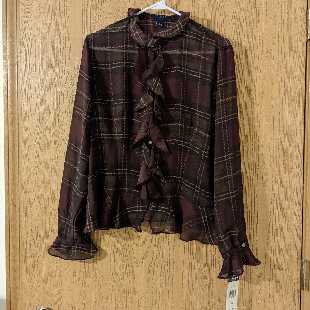 Dark academia XL plaid sheer frilly blouse